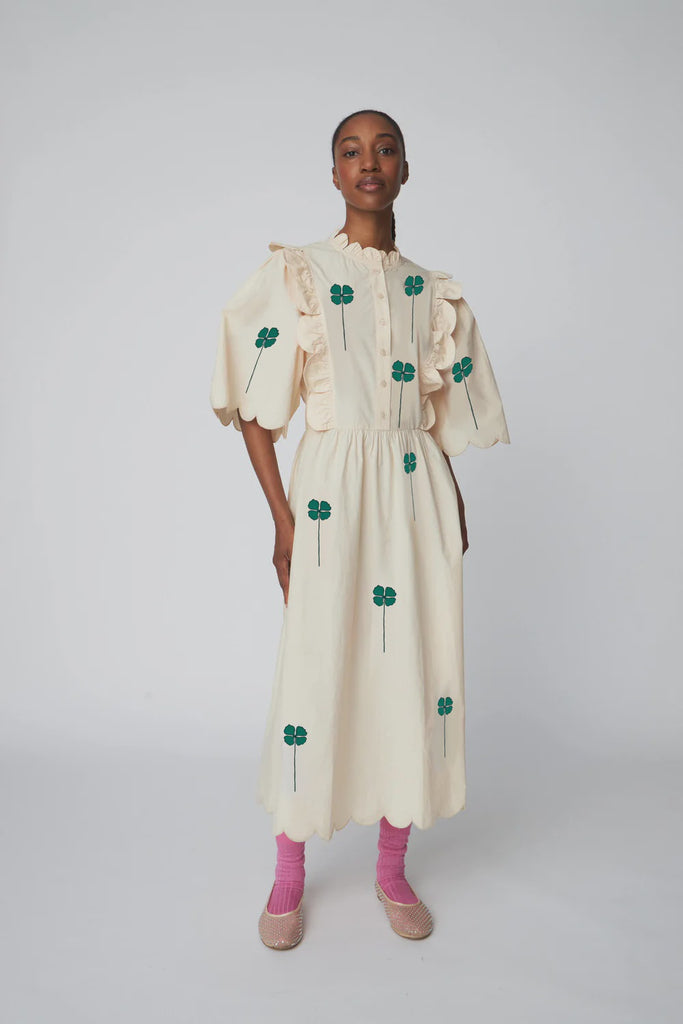 Embroidered Midi dress with Scallops - Green/Creme  Indian Summer London