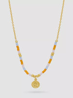 Orange And Blue Miyuki Coin Necklace - Gold Plated
