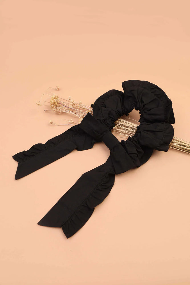 Frill Bow Hair Scrunchie- Black