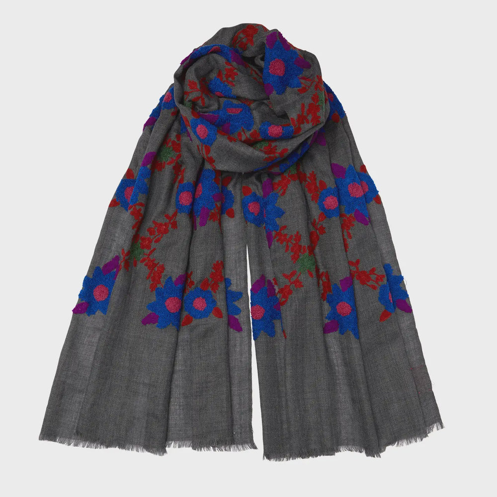 Mexican Flower Pashmina - Cashmere & Cotton - Grey/Brown/Blue