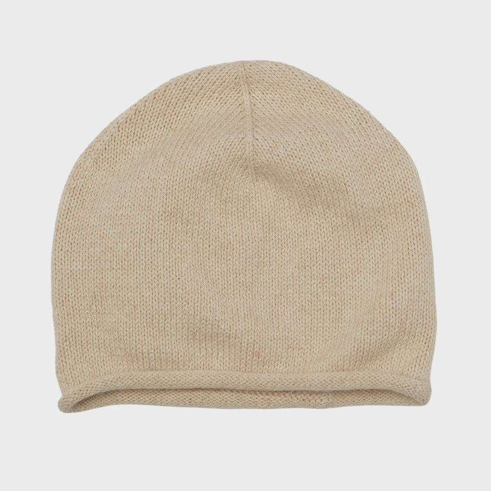 Cashmere Plain Knit Beanie - Lurex Cream