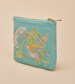 Velvet Embroidered Mini Pouch - Hummingbird, Aqua