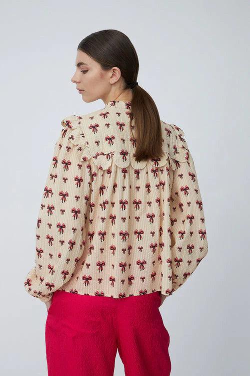 Bow Printed Tounge Blouse- Latte