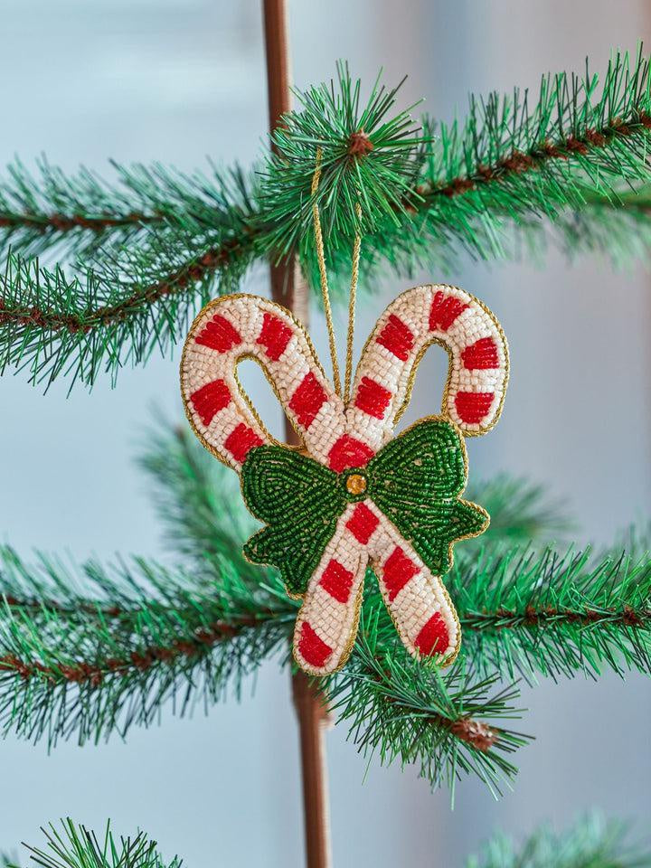 Christmas Fabric Ornament with Beads - Candy Cane Shape