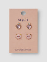 Clip On Earrings 2 Pairs Cat & Pink Gem