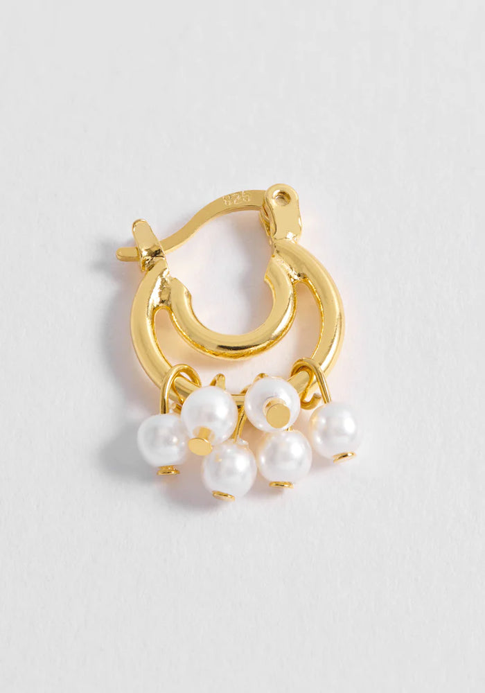 Double Hoop Drop Pearl Earrings - Gold Plated