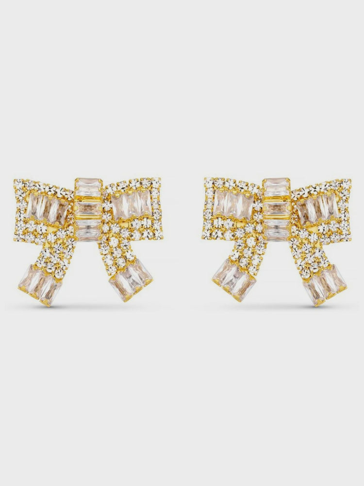 Gold Tone Pave Baguette Embellished Bow Earrings
