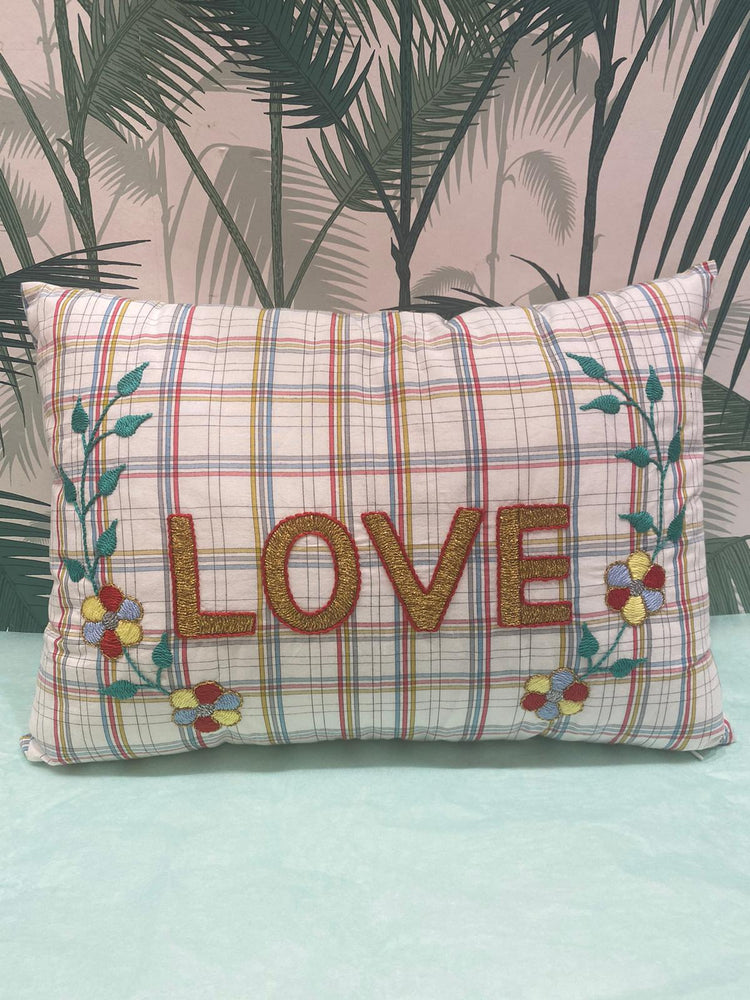 Embroidered Love Cushion- Fine Check