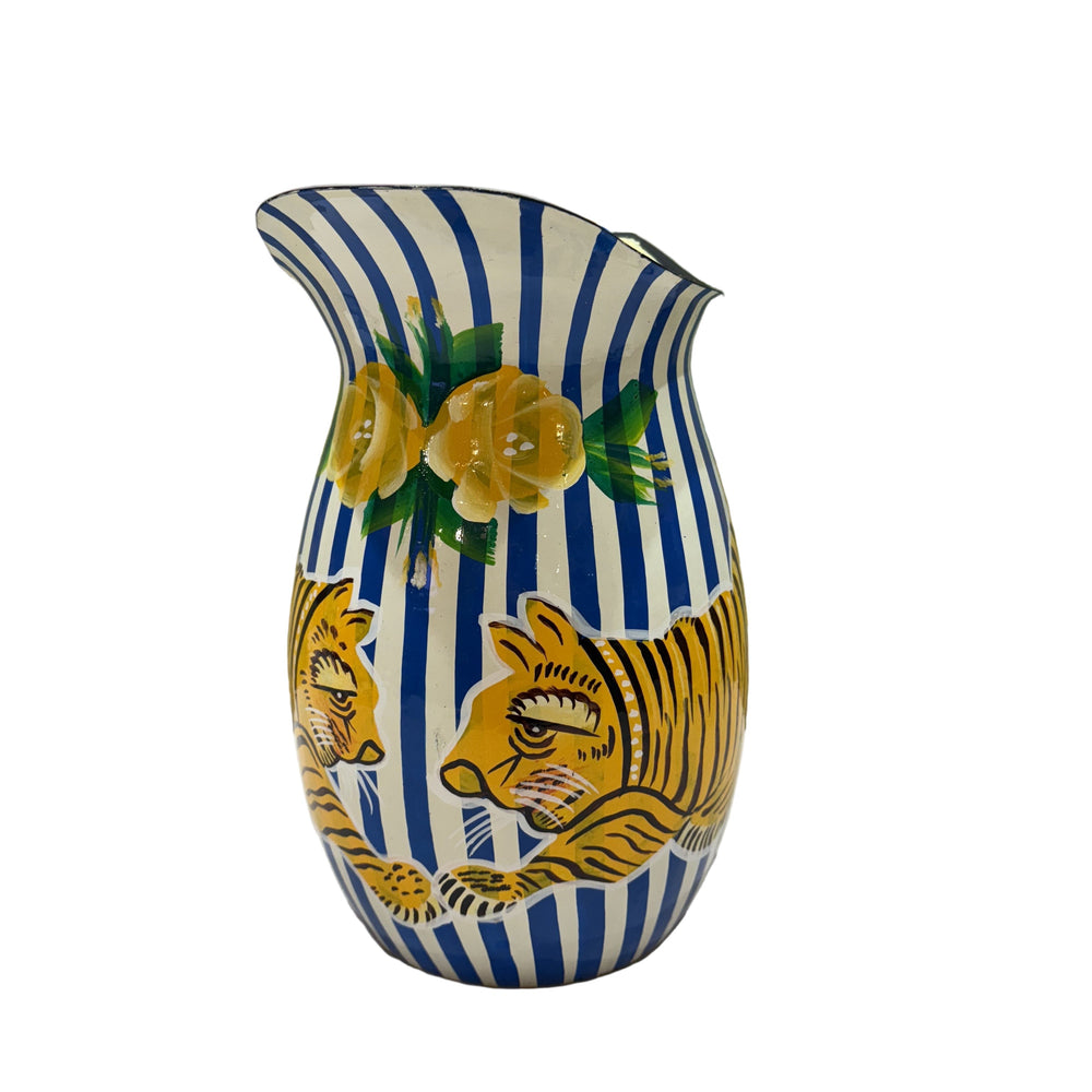Hand Painted Jug - Blue/White stripe floral Tiger