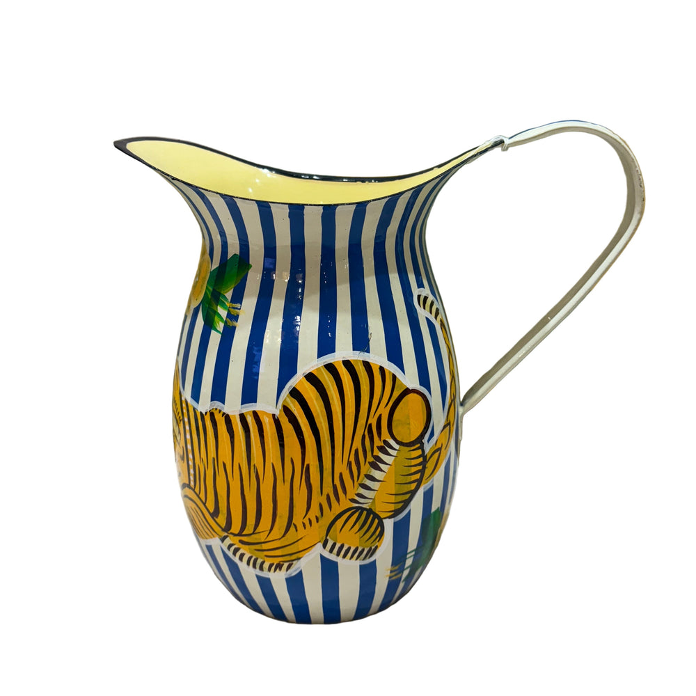 Hand Painted Jug - Blue/White stripe floral Tiger