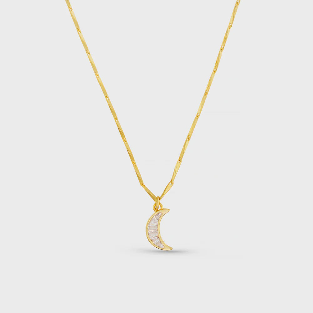 Crystal Baguette Moon Charm Necklace