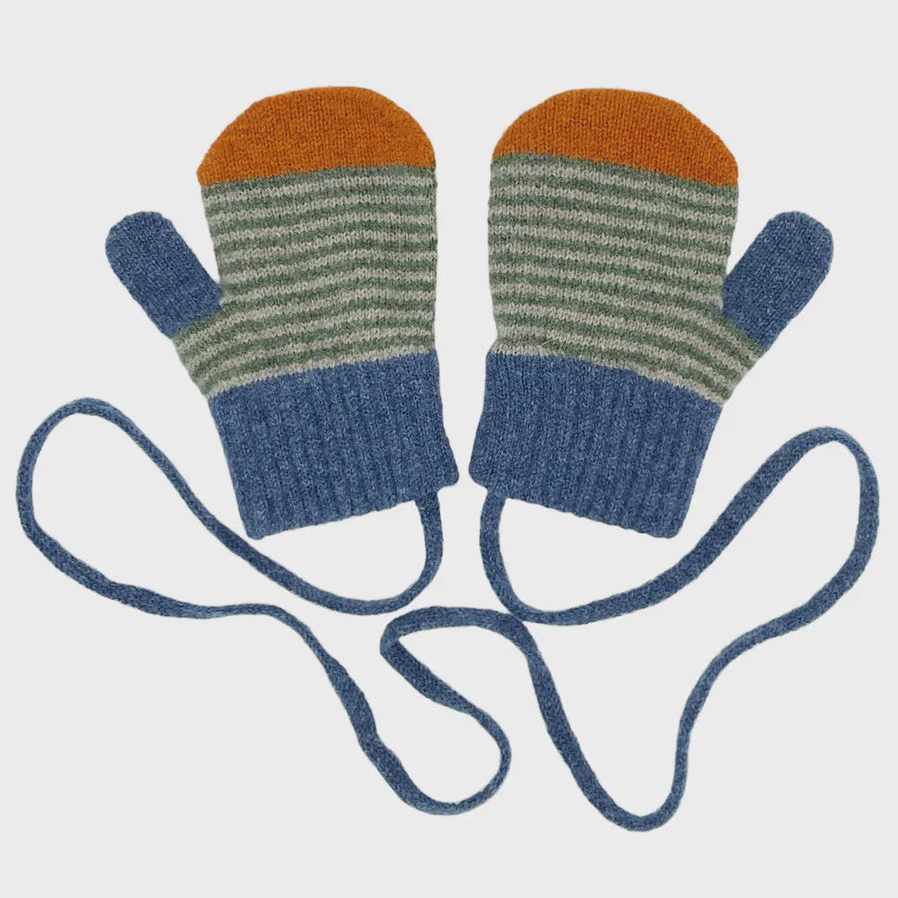 Kids' Bright Green Stripe Lambswool Mittens on a String