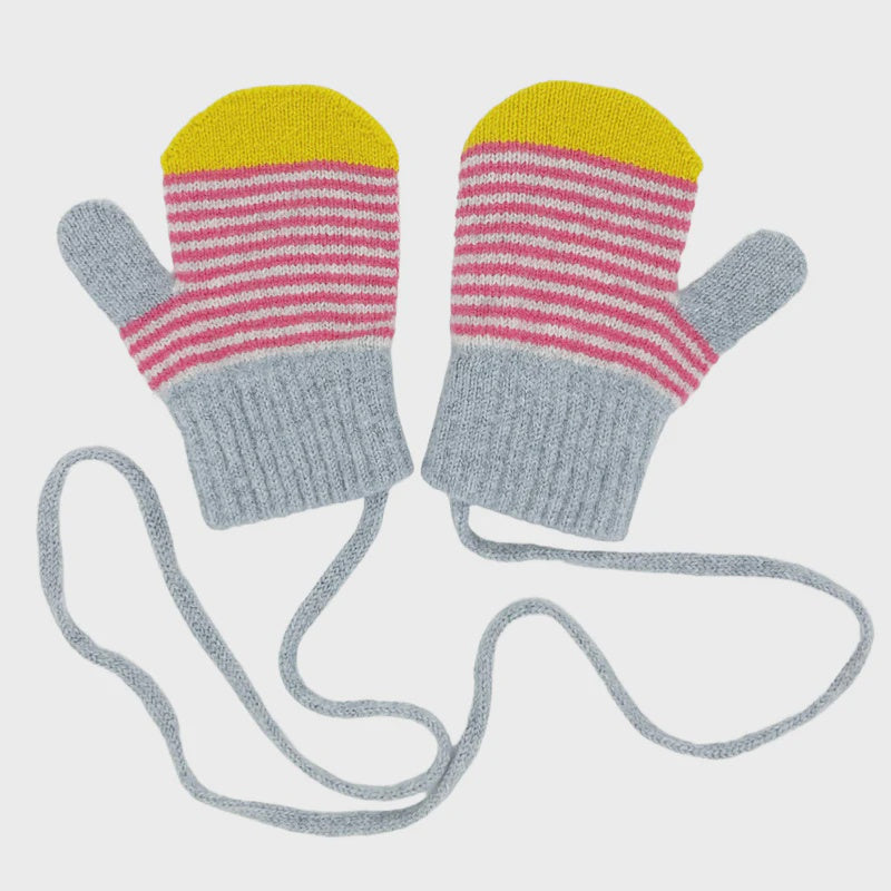 Kids' Bright Pink Stripe Lambswool Mittens on a String