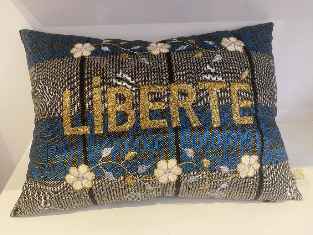 Embroidered Liberte Cushion- Navy