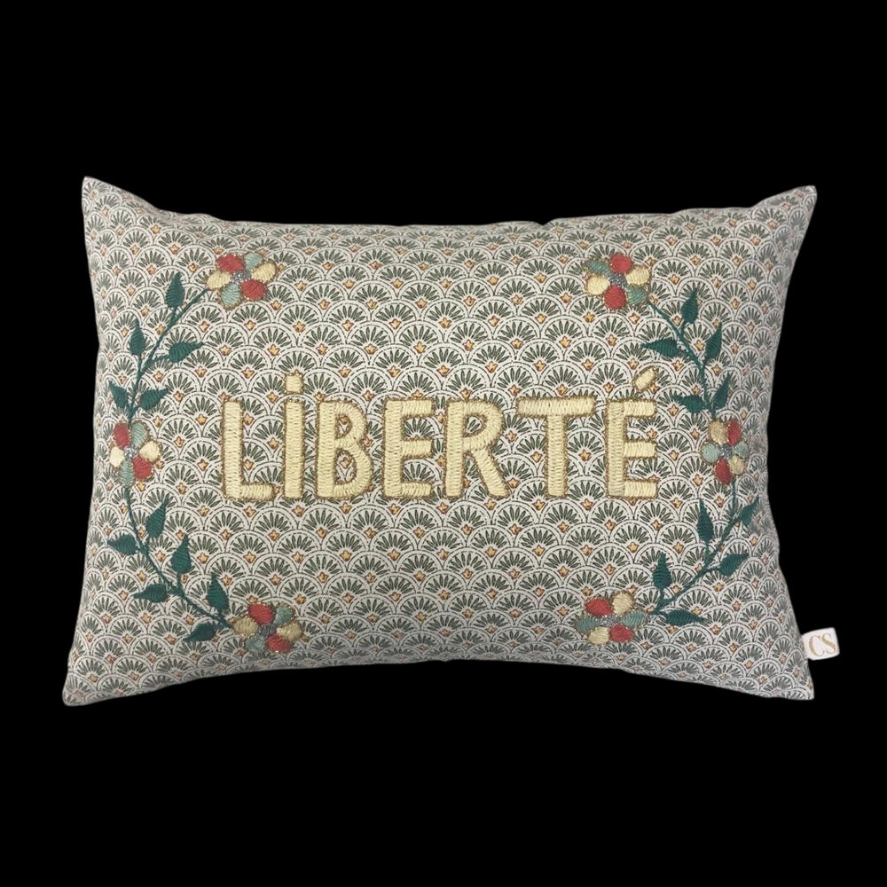 Embroidered Liberte Cushion- Green White Scallop