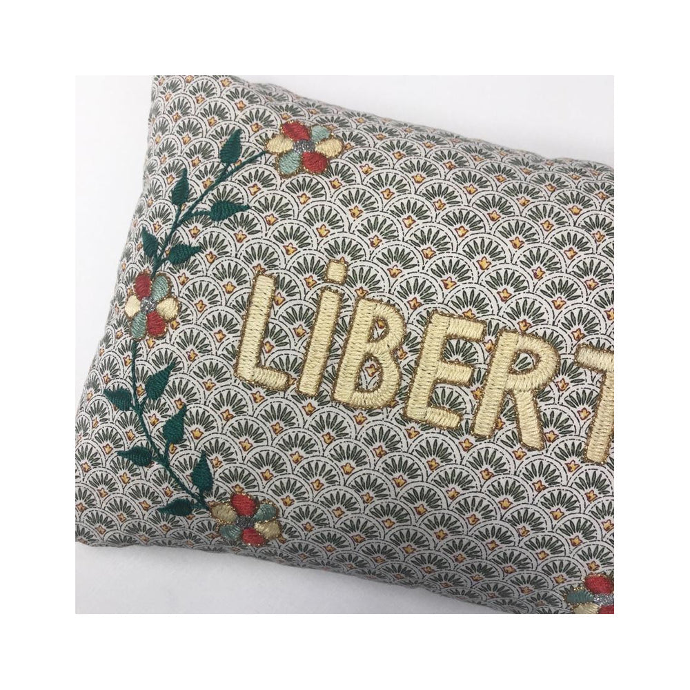 Embroidered Liberte Cushion- Green White Scallop