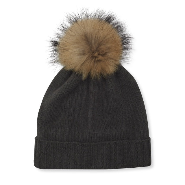 Cashmere Plain Knit Pom Hat - Mole