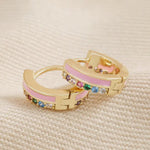 Pink Enamel and Crystal Huggie Hoop Earrings in Gold
