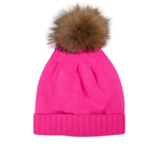 Cashmere Plain Knit Pom Hat - Neon Pink