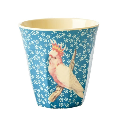 Melamine Medium Cup with Vintage Bird Print Blue