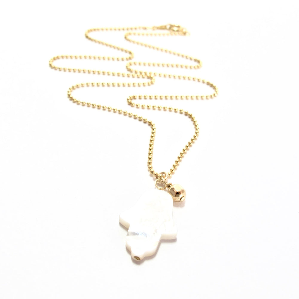 Mother of Pearl Hamsa and Gold Bead Necklace