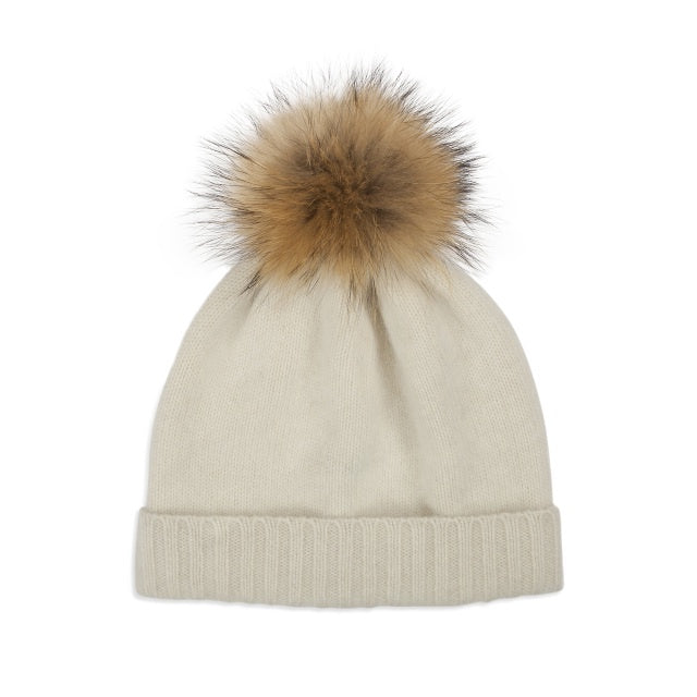 Cashmere Plain Knit Pom Hat- Cream