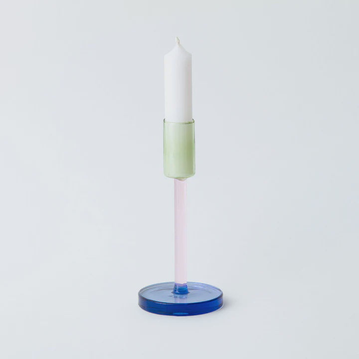 Glass Candlestick Tall- Pink/Green