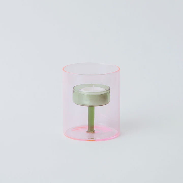 Duo Tone Glass Tea Light Holder- Pink/Green
