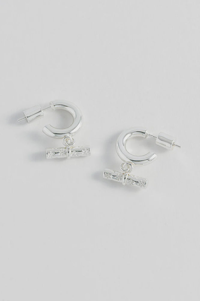 Floral T-Bar Silver Hoops