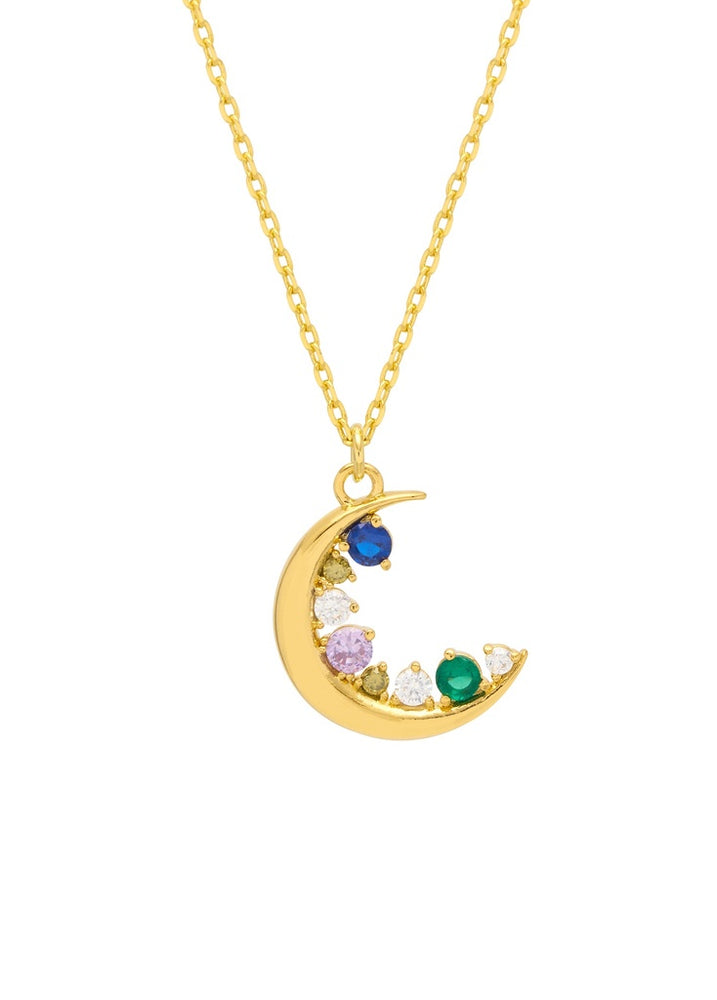 Multi CZ Moon Necklace - Gold Plated