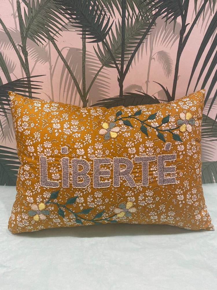 Embroidered Liberte Cushion - Flower Mustard