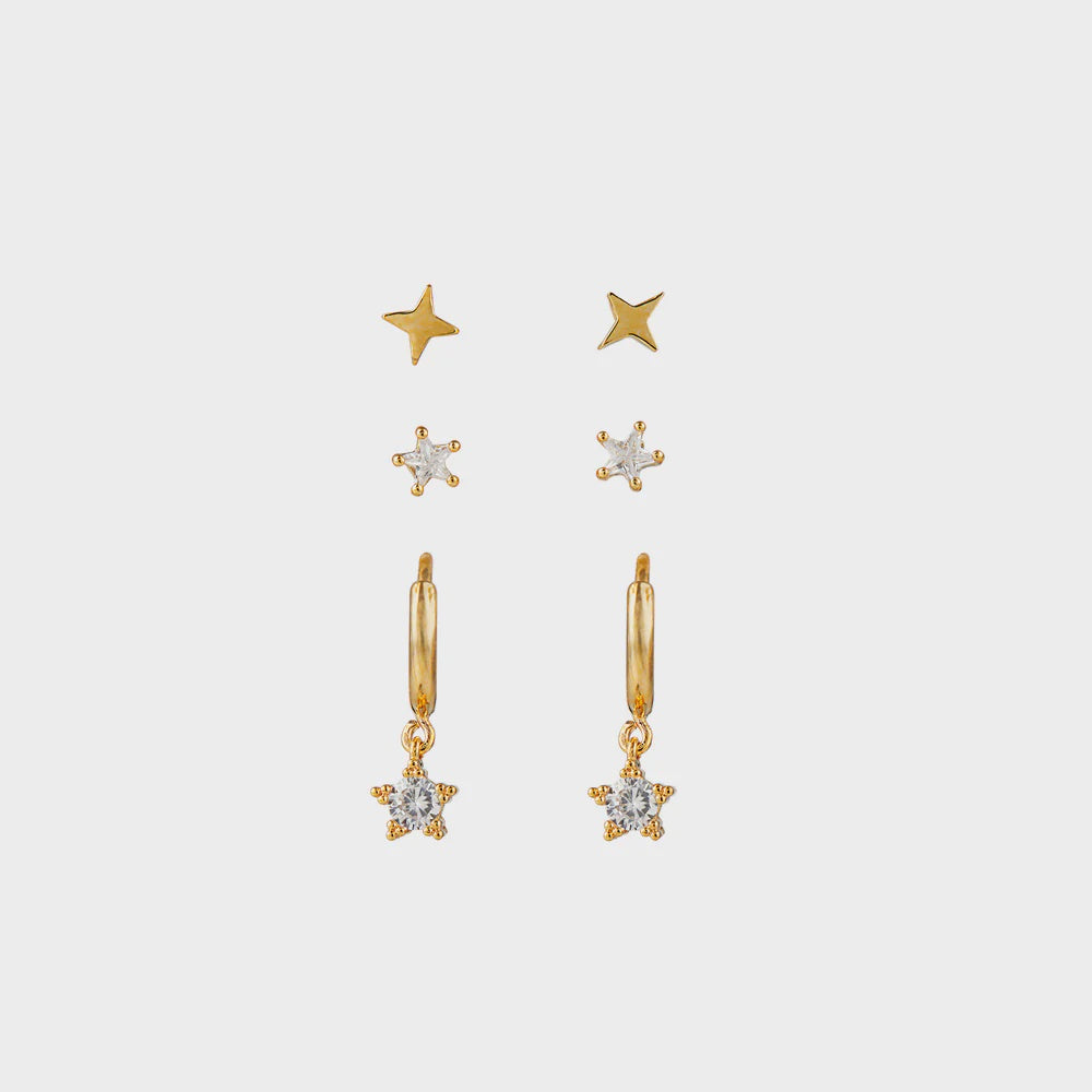 Crystal Star Huggie Hoop & Stud Earrings Pack - Gold