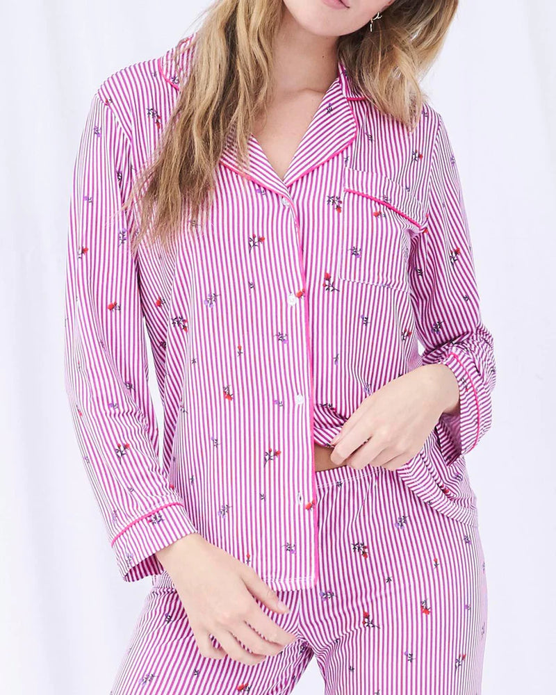 Raspberry Ditsy Stripe Pyjama Set- White/Pink