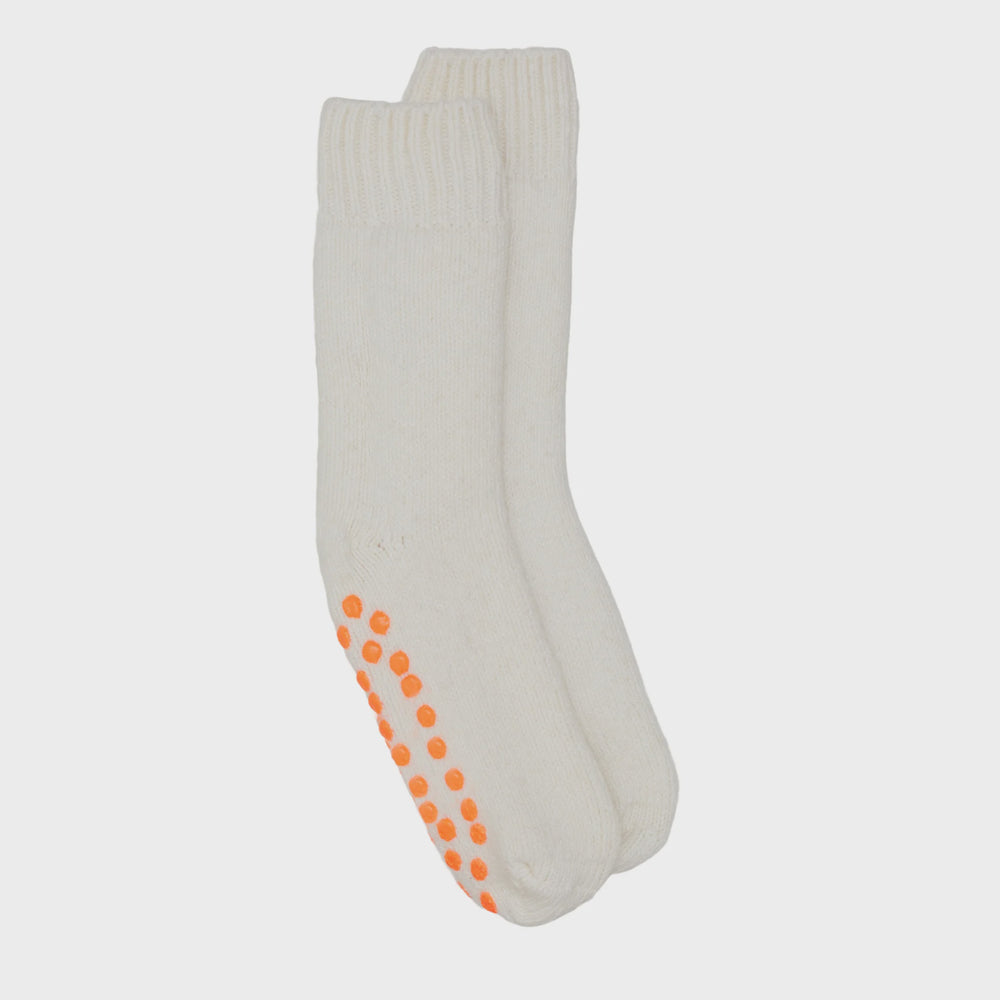 Kids Plain Slipper Socks - White/Neon Orange Pads