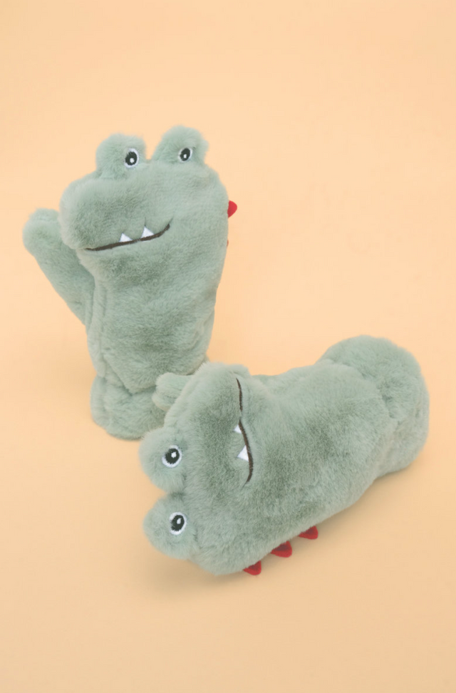 Kids Toothy Dino Fluffy Mittens - Sage