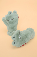 Kids Toothy Dino Fluffy Mittens - Sage