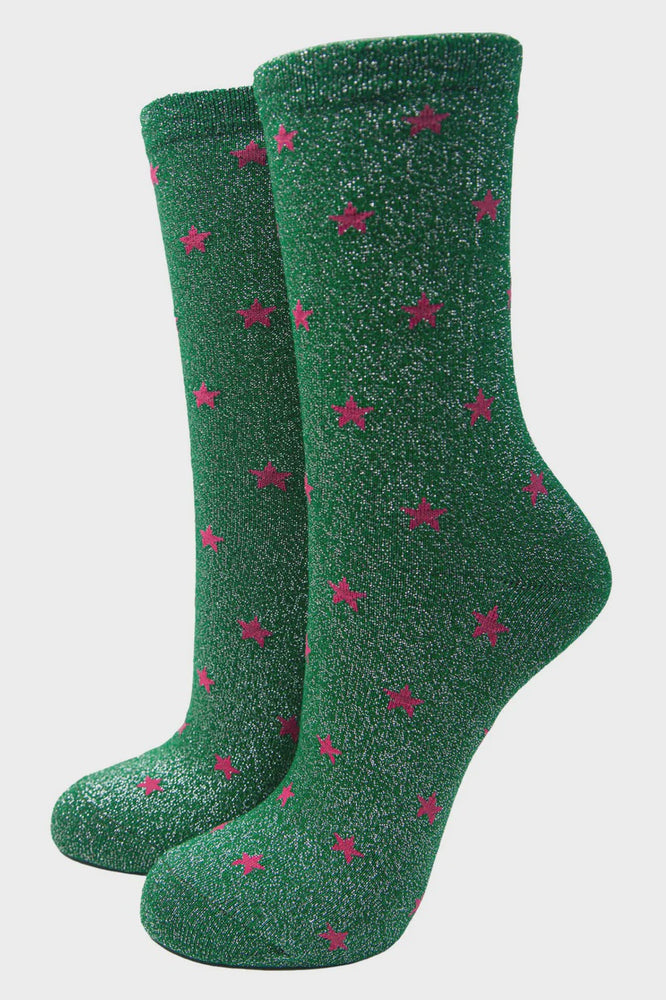 Women's Glitter Socks Fuchsia Pink Star Print Sparkly Ankle Socks Green