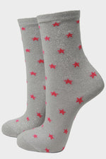 Women's Glitter Socks Fuchsia Pink Star Print Sparkly Ankle Socks Grey