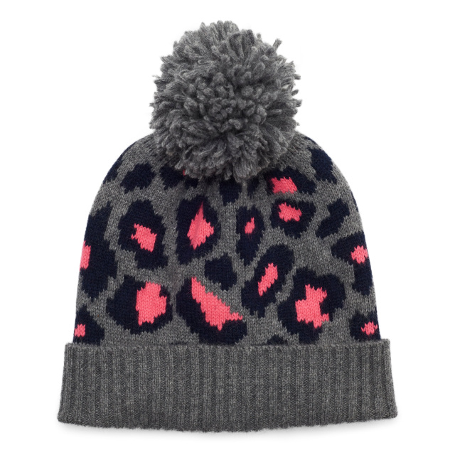 Leopard Cashmere Knitted Pom Hat - Grey/Pink/Navy