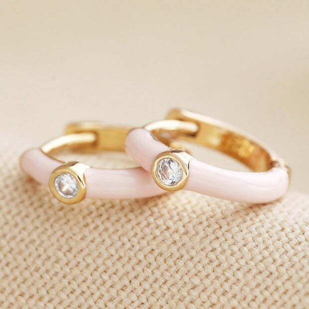 Blush Pink Enamel Crystal Huggie Hoop Earrings in Gold