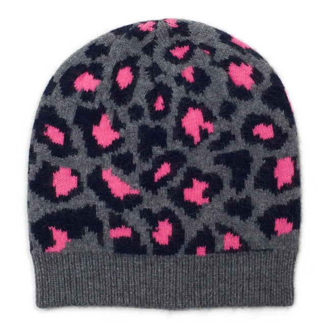Leopard Cashmere Knitted Hat - Navy/Grey/Pink