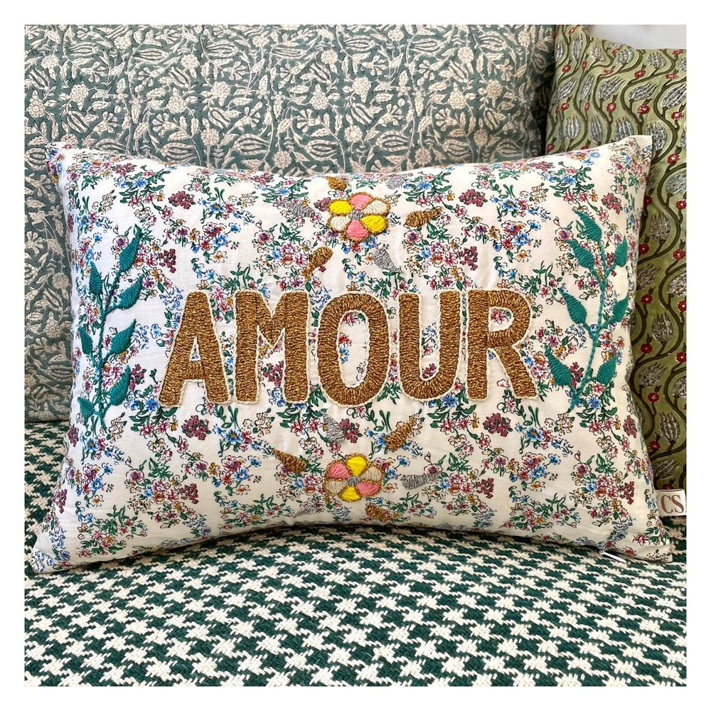 Embroidered cushion AMOUR- White Floral