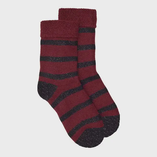Glitter Stripe Wool Mix Slipper Sock - Dark Red/Black