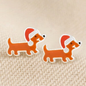 Christmas Sausage Dog Stud Earrings in Sterling Silver