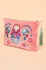 Velvet Embroidered Zip Pouch - Matryoshka Doll, Petal