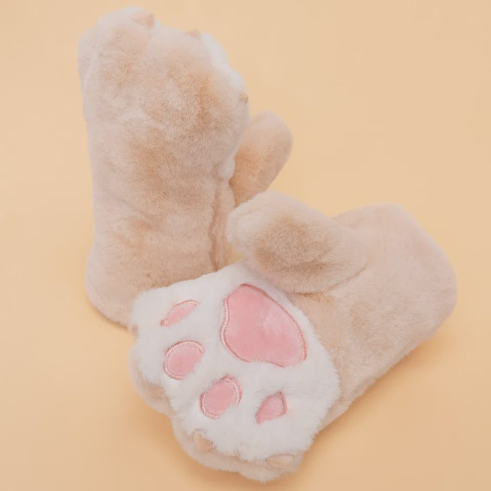 Kids Bear Paw Fluffy Mittens - Cream