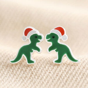 Christmas T-Rex Stud Earrings in Sterling Silver